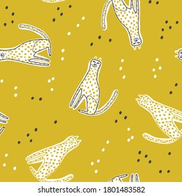 Seamless pattern with cheetah on yellow background. Vector illustration, animal design, for printing on fabric, clothing, packaging paper, bedding, printing, postcards. Cute baby background.