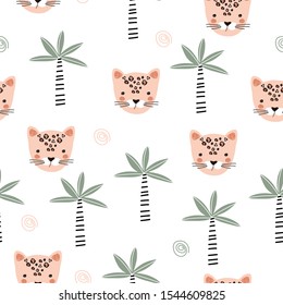 Seamless pattern with Cheetah and palm trees on white background. Vector illustration for printing on fabric, postcard, wrapping paper, book, picture, Wallpaper. Cute baby background. 