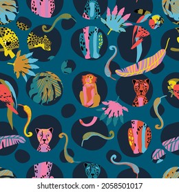 seamless pattern with cheetah,  parrot, monkey and tropical leaves, vector design for paper, fabric and other surface