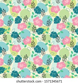 Seamless pattern cheetah print, geometric shapes, leaves and hibiscus illustration