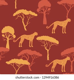  Seamless Pattern with Cheetah and savanna trees. Hand drawn sketches. Vector Illustration
