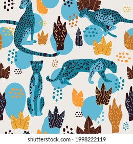 seamless pattern with cheetah and tropical leaves, vector design for paper fabric and other surfaces