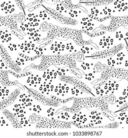 Seamless pattern with cheetahs cheetah, wild big cats, predatory animals, leopard spots, bird feathers. Silhouettes. Tropics.