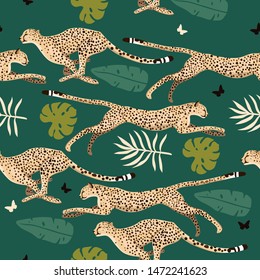 Seamless pattern with cheetahs and leaves. Vector graphics.