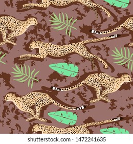 Seamless pattern with cheetahs and leaves. Vector graphics.
