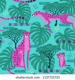 Seamless pattern with cheetahs, leopards in the jungle. Repeated exotic wild savanna cat. Vector stylized illustration in bright pink and turquoise color.