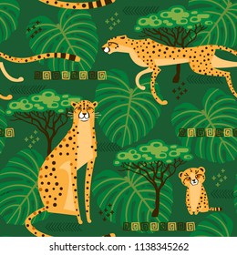 Seamless pattern with cheetahs, leopards in the jungle. Repeated exotic wild cats in the background of the savannah. Vector stylized travel illustration.