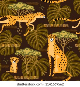 Seamless pattern with cheetahs, leopards in the jungle. Repeated exotic wild cats in the background of the savannah. Vector stylized travel illustration.