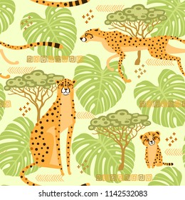 Seamless pattern with cheetahs, leopards in the jungle. Repeated exotic wild cats in the background of the savannah. Vector stylized travel illustration.