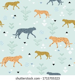 Seamless pattern with cheetahs, leopards in the jungle . Vector illustration