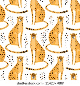 Seamless pattern with cheetahs, leopards. Repeating exotic wild cats on a white background. Vector illustration.