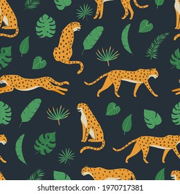 Seamless pattern of cheetahs or leopards and tropical exotic leaves. Background with Jungle wild animals. Vector illustration