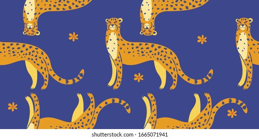 Seamless pattern. Cheetahs on a dark blue background.