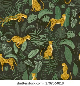 Seamless pattern with Cheetahs in wild jungle surrounded with exotics plants of rainforest. Tropical flora and fauna on dark green background. Great for wrap paper, wallpapers, web, surface textile