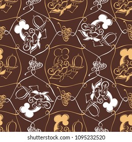 Seamless pattern. The chef in the hat invites you to eat. Inspiring lettering. Bon appetit. On a brown background. Vector.