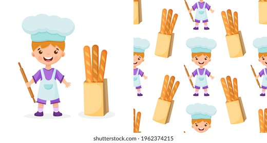 Seamless pattern of chef vector illustration on isolated background. Pattern baker boy. Seamless pattern of cook illustration of a boy on background.