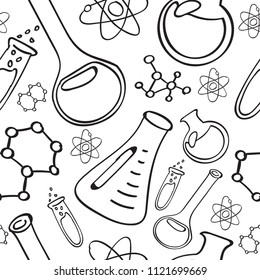 Seamless pattern of chemical equipment doodles: flasks, atoms, structures
