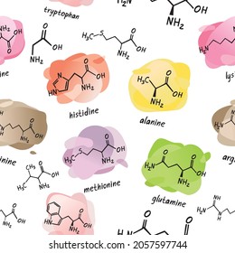 Seamless pattern with chemical formulas of amino acids on colored abstract spots isolated on white. Background symbols for web design, wallpaper, wrapping paper. Cartoon vector illustration