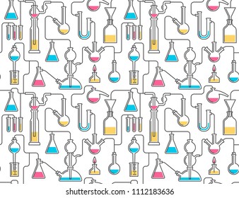Seamless pattern from chemical glassware, flasks, reactions. Included in swatches panel. - Powered by Shutterstock - Get 15% off with code: PIKWIZARD15