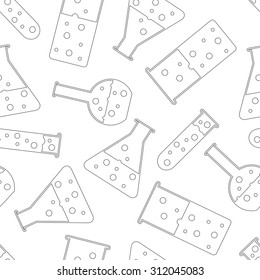 Seamless pattern with chemical test tube. Scientific outline vector background. Technology elements. Acid fluid with bubbles. Laboratory equipment design. Medical tube texture. Beaker symbol.