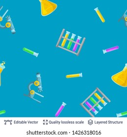 Seamless pattern of chemical test tubes. Science biology background template.
