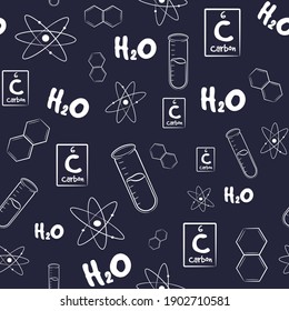 Seamless pattern with chemistry elements and sketches. Repetitive background with test tubes, formulas, elements and atoms. Science and research wallpaper.