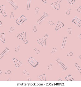 Seamless pattern with chemistry flaks on a pink background. Vector illustration