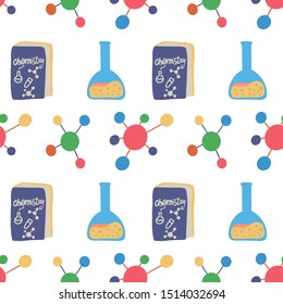 Seamless pattern with chemistry flask, molecule structure and book for wallpaper design. Science, education, medical, pharmacy vector background. Chemistry lab. College education.