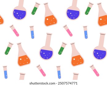 Seamless pattern of chemistry flasks and lab equipment. Colorful design for scientific and educational content