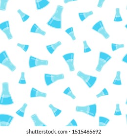 Seamless pattern chemistry glass flask with blue liquid flat icon isolated on white background. Science symbol texture for print, paper, design, fabric, decor, wrap, background. Vector illustration