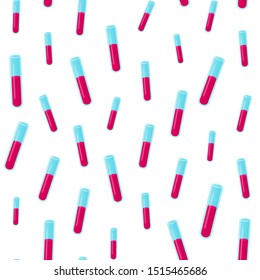 Seamless pattern with chemistry glass test tube, flask with blood. Science medical symbol texture for print, paper, design, decor, wrap, background. Vector illustration