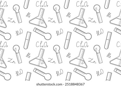 Seamless pattern of chemistry lab tools including flasks, thermometers, and formulas. Perfect for coloring books and educational projects.