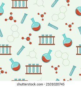 Seamless pattern for chemistry laboratory, scientific research.  Magnifying glass, molecule, test tube. Vector background.