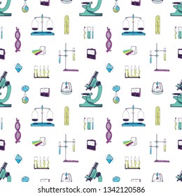 Seamless pattern with chemistry and physics laboratory equipment. Backdrop with measuring tools for scientific experiment, study, research. Hand drawn realistic vector illustration for textile print.