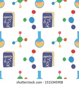 Seamless pattern with chemistry round flask, molecule structure and book for wallpaper design. Science, education, medical, pharmacy vector background. Chemistry lab. College education.