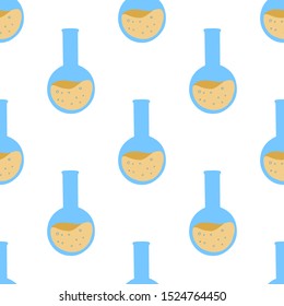 Seamless pattern with chemistry round glass flask for wrapping paper design. Laboratory glassware.  