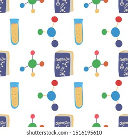 Seamless pattern with chemistry tube, molecule structure and book for wallpaper design. Science, education, medical, pharmacy vector background. Chemistry lab. College education.