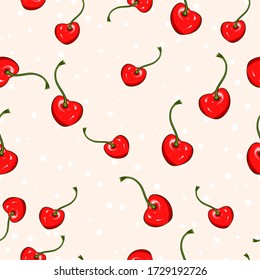 Seamless pattern with cherries background. Element for your design textile, fabric, scrapbooking paper, wallpaper, menu cafe,bistro, restaurant, label and packaging. Vector.