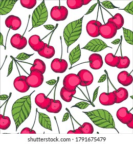 Seamless pattern with cherries berry. Hand drawn background. Colorful cherry illustration. Vector illustration.