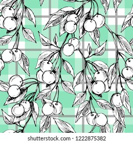 Seamless pattern with cherries in black and white