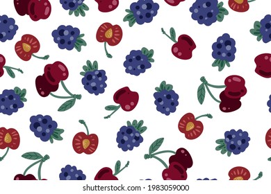 Patrón sin foco de cerezas y moras, color, vector
