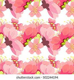 seamless pattern cherries blossom buds Chinese vector illustration