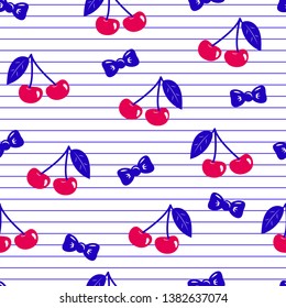 Seamless pattern with cherries and bows on the striped background.
