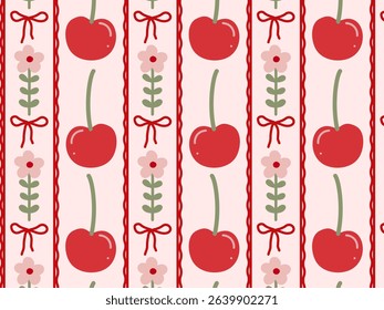 Seamless Pattern with Cherries and Bows in Stripes. Vintage background with cute cherries, flowers and bows on a pink background. Vector print for wallpapers, packaging, scrapbooking, patchwork
