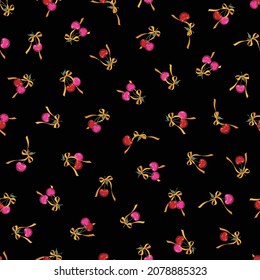 A seamless pattern of cherries bundled with a ribbon,