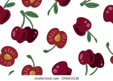 Seamless pattern of cherries in cartoon style, vector
