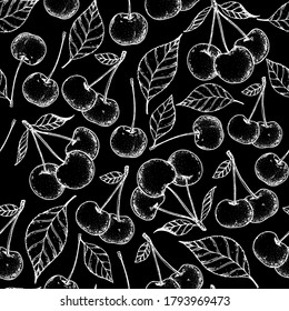 Seamless pattern with cherries, cherry leaves. Hand drawn sketch. Black and white style illustration. Vector illustration.