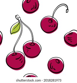 Seamless pattern with cherries in colorful line sketchy style isolated on white background. Doodle hand drawn vector illustration