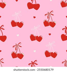 Seamless pattern with cherries and coquette bows on pink background. Heart-shaped cherries with various ribbons. Vector illustration for wrapping paper, packaging, fabric, room decor, phone case etc. 