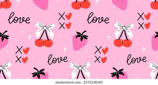 Seamless pattern with cherries and coquette bows on pink background. Heart-shaped cherries with various ribbons. Vector illustration for wrapping paper, packaging, fabric, room decor, phone case etc.